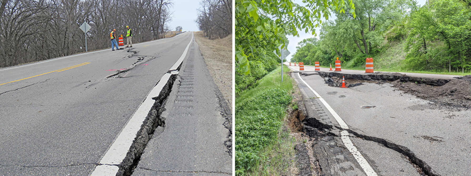 A cracked section of Highway 67